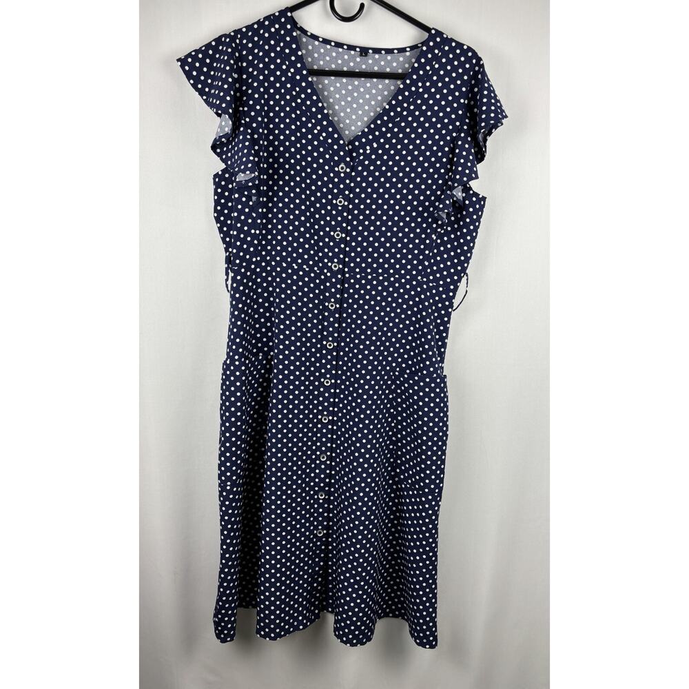 Mitilly Polka Dot Midi Dress | Size L | Navy Blue | Flutter Sleeve Pockets